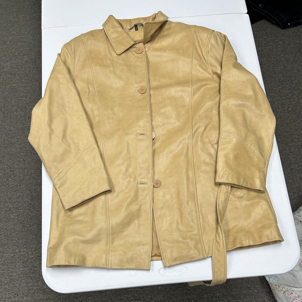Tanners avenue Leather Jacket Womens 3XL Tan Belted Button Front Collared Coat